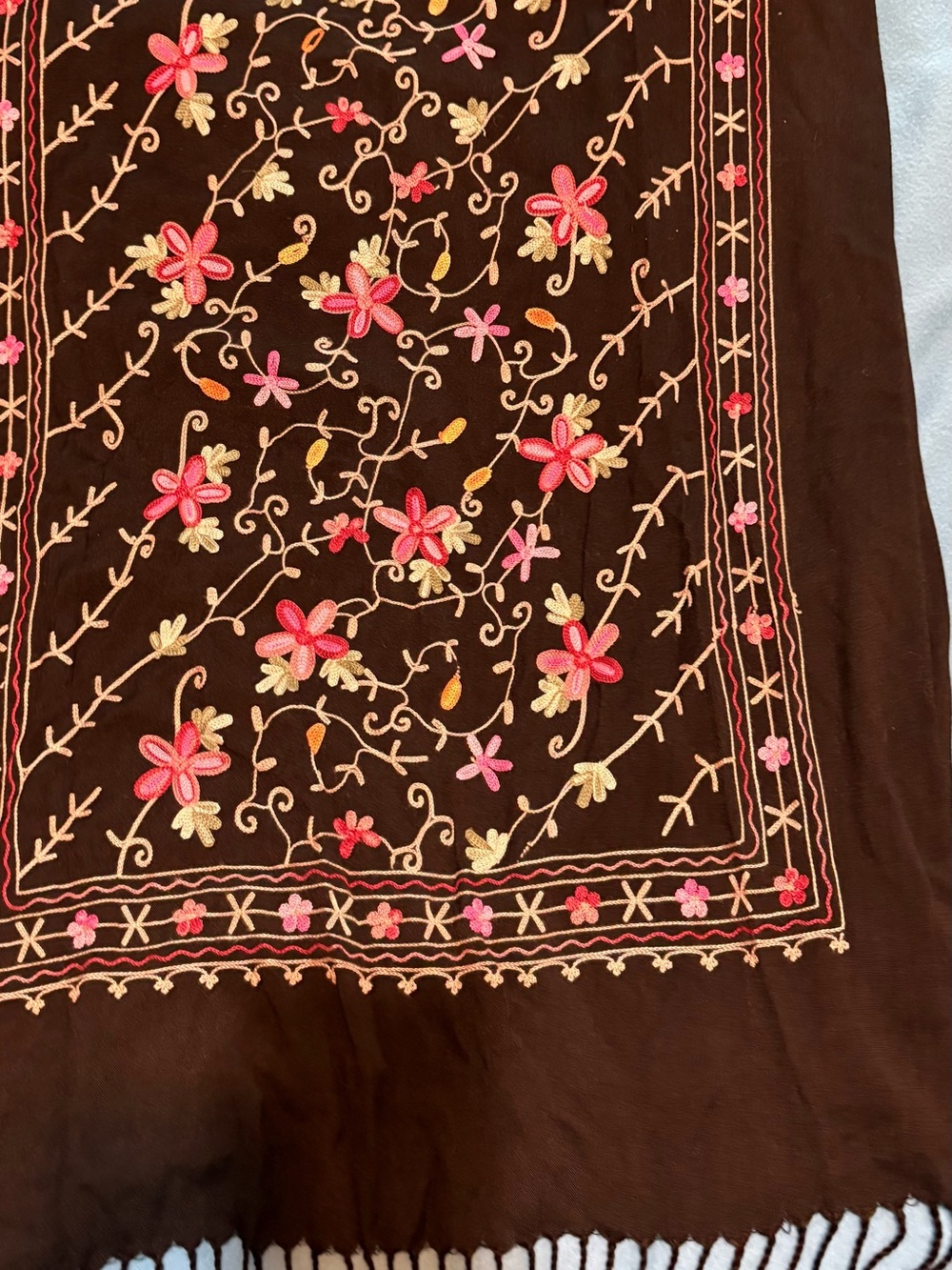 Embroidered Floral Throw Blanket in Brown with Pink Accents